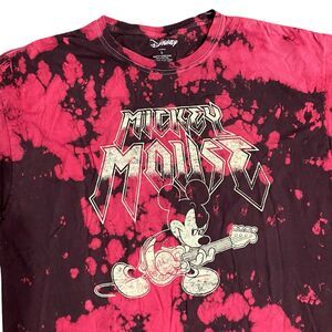 Disney T-Shirt Mens L Red Mickey Mouse Tie Dye Metal Guitar Cartoon Vacation New